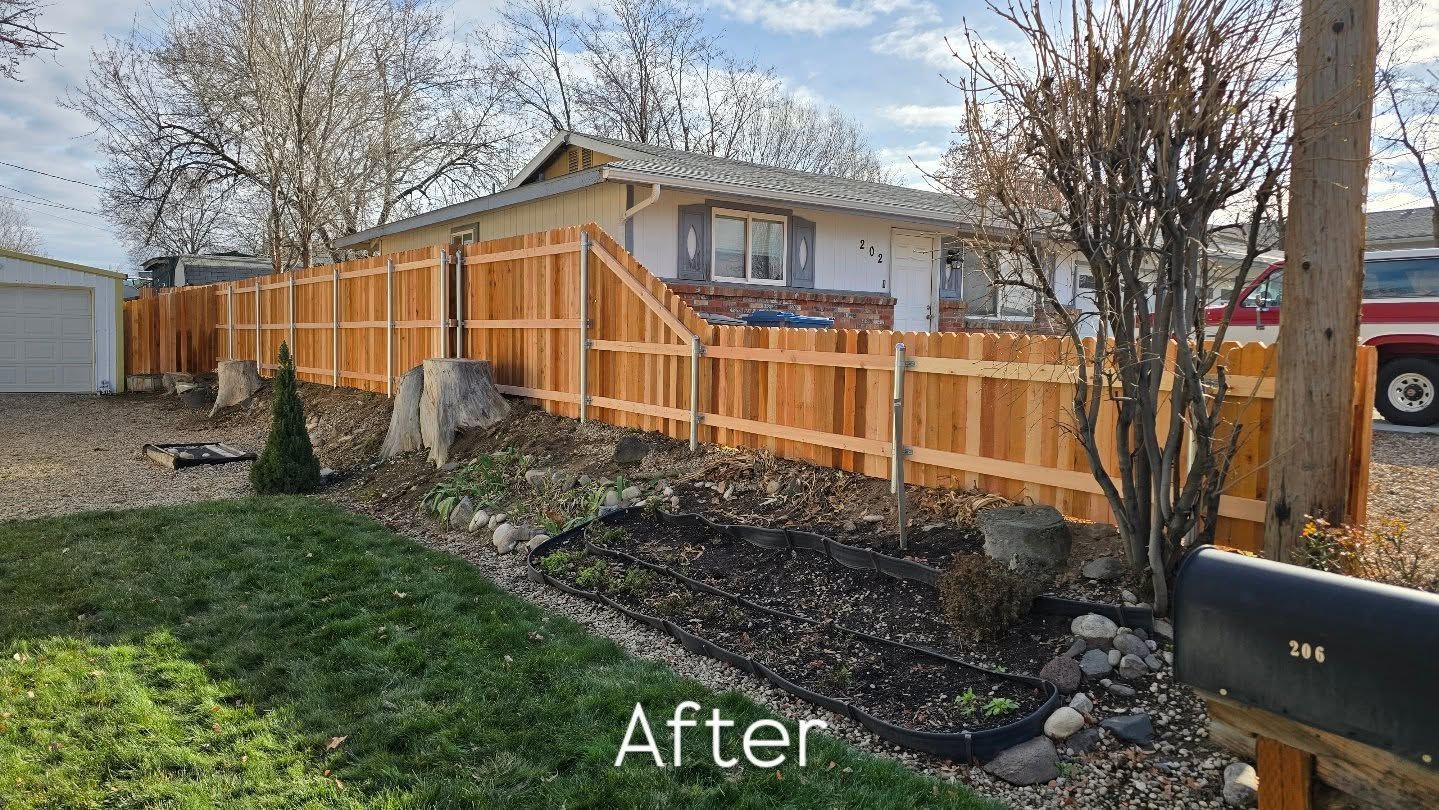 Wooden privacy fence and gate installed around a house, with a landscaped yard and “After” text.