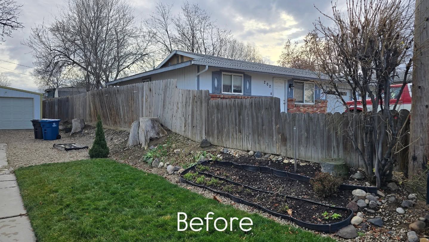 Before view of a backyard with a fence, house, lawn, and garden beds under a cloudy sky
