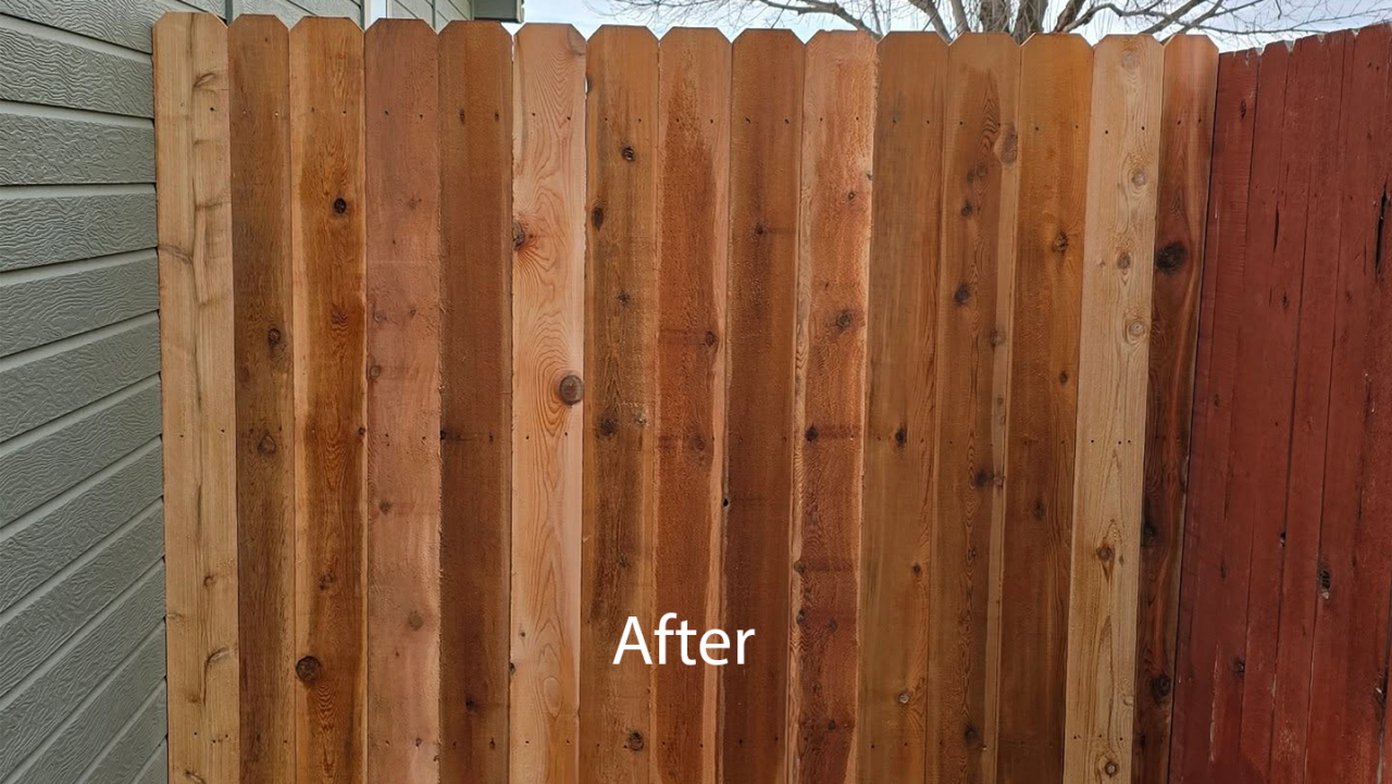 Stained wooden fence panels beside a gray concrete wall, labeled “After”