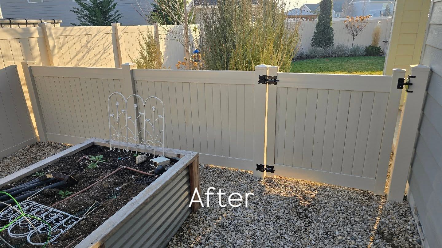 Backyard with white fence and raised garden bed, labeled “After”