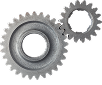 Two gray metal gears, one large and one small, interlocked on a white background | Joe's Garage