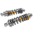 Two car shock absorbers with exposed springs and metal struts on a white background | Joe's Garage