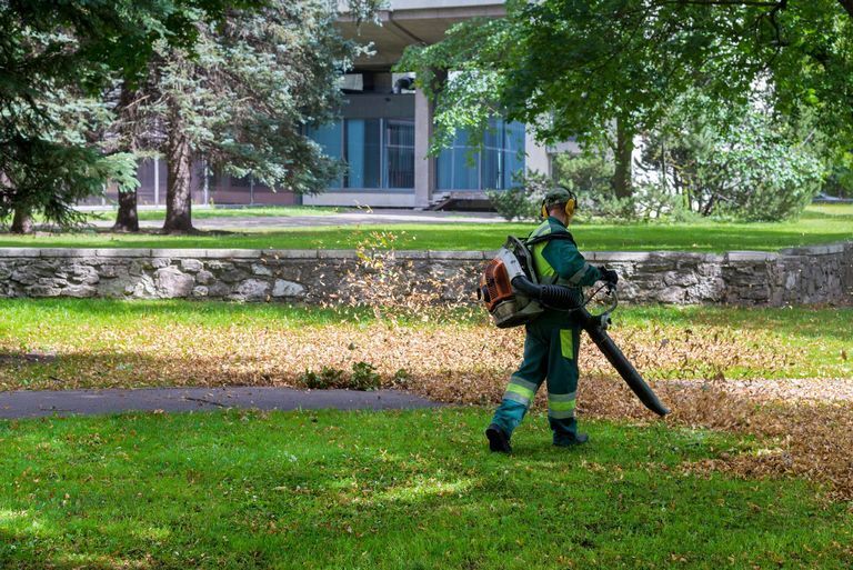 A man doing fall cleanup with a leaf blower.