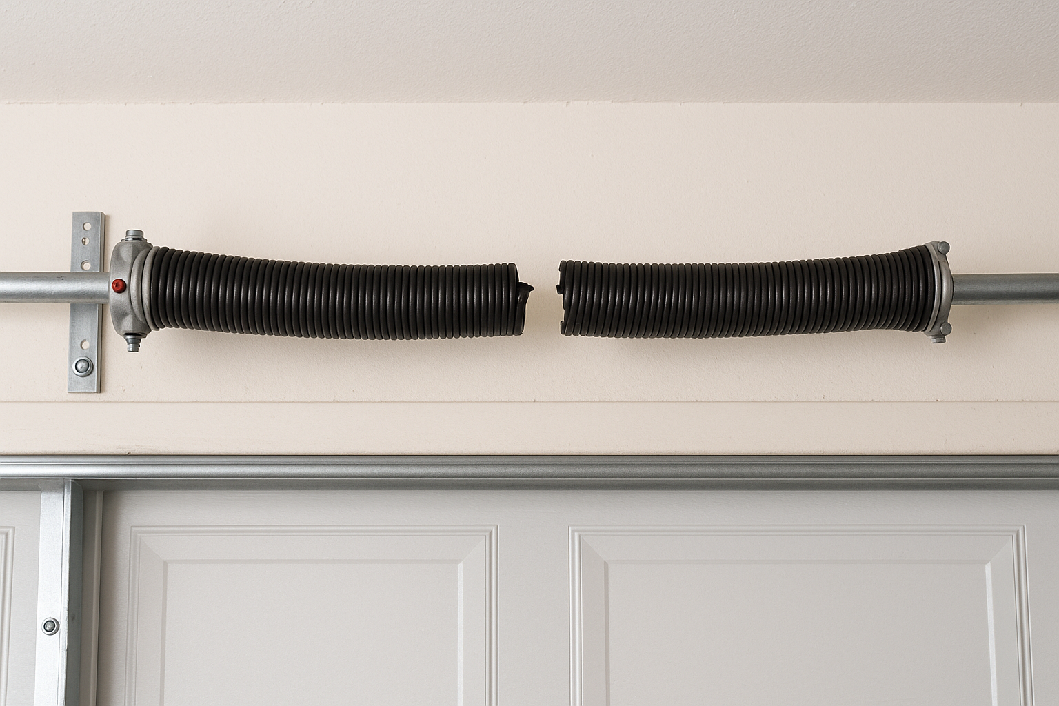 Two black garage door torsion springs mounted above a white door