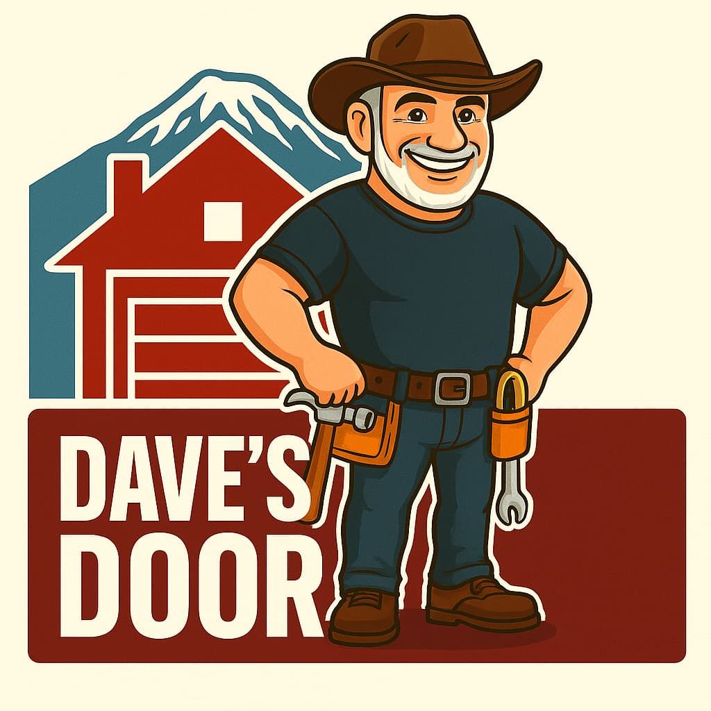 Logo of a smiling handyman in a cowboy hat beside a red house and “Dave’s Door” text