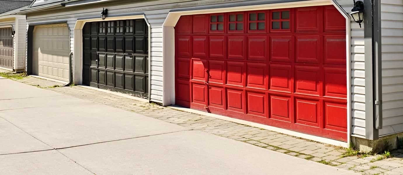 Row of attached garage doors, including black and bright red doors beside a driveway