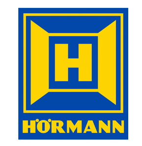 Hörmann logo: yellow H on blue square with yellow border and brand name below