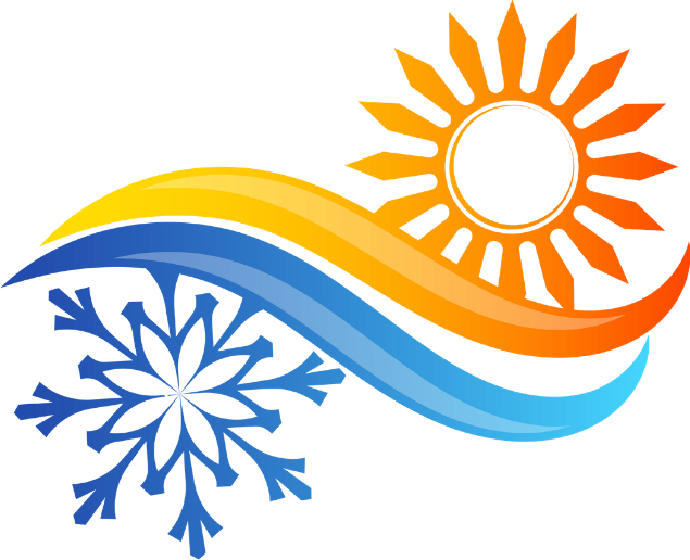 Blue snowflake and orange sun with yellow and blue flowing waves, suggesting seasonal contrast