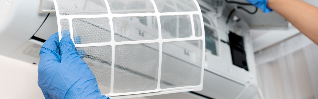 Blue-gloved hand holding a white air filter panel near a vehicle vent