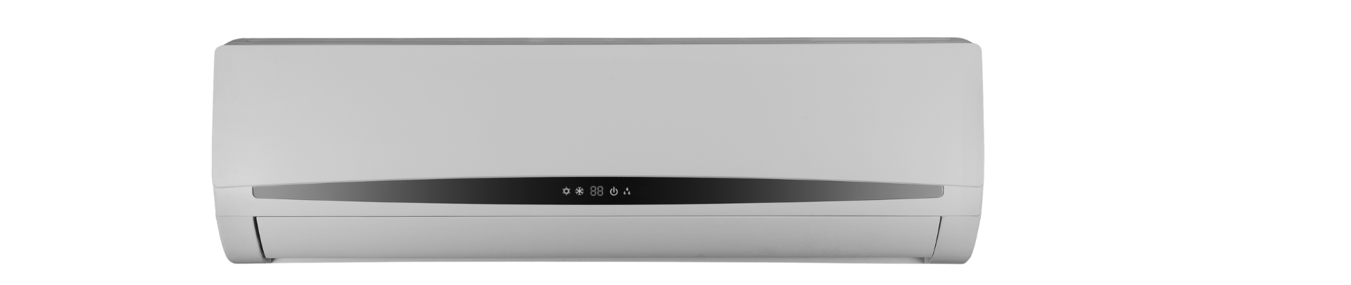 Wall-mounted white air conditioner with a black vent opening and small indicator lights