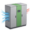 Gray-and-green industrial cabinet with airflow arrows entering and exiting it