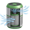 3D-rendered cylindrical air filter with green caps and blue airflow arrows around it