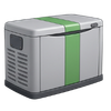 Gray box-shaped device with a green vertical stripe and vents on the side