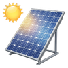 Solar panel with a sun icon, mounted on a stand, blue cells angled toward light.