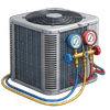 Outdoor air conditioner unit with blue, red, and yellow refrigerant gauges attached