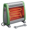 Electric space heater with glowing orange coils, green sides, and a power cord.