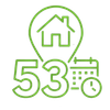 Green outline of a house, large “53,” and a small calendar with a clock icon.