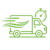 Green delivery truck with motion lines and a clock, suggesting fast shipping