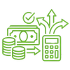 Green finance icons: cash, coins, calculator, checkmark, and growth arrows