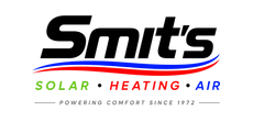 Smits logo with red and blue swoosh, tagline "Solar • Heating • Air" and "Powering comfort since 1972"