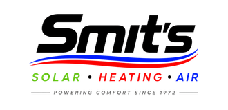 Smits logo with red and blue swoosh, tagline "Solar • Heating • Air" and "Powering comfort since 1972"