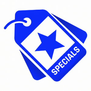 Blue “Specials” price tag icon with a star and hanging string