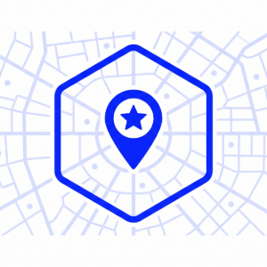 Blue map pin with star inside a hexagon over a faint city map background