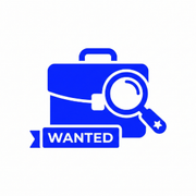 Blue wanted briefcase icon with magnifying glass on a white background