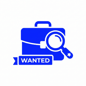 Blue wanted briefcase icon with magnifying glass on a white background
