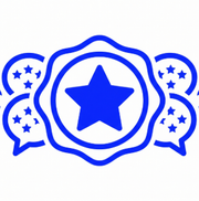 Blue award badge with a star in the center and decorative ribbons, outlined in blue on white background