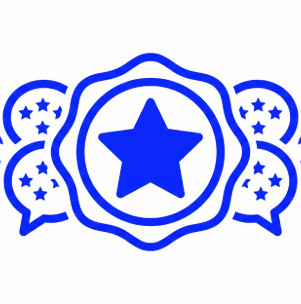 Blue award badge with a star in the center and decorative ribbons, outlined in blue on white background