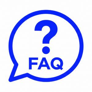 Blue FAQ speech bubble with a question mark icon on a white background