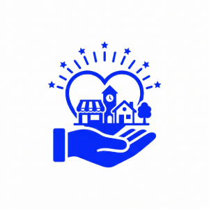 Blue hand holding a house, shop, and trees with stars above on a white background