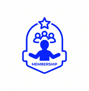 Blue membership badge icon with people, star, and the word “MEMBERSHIP”
