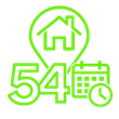 Green outline of a house, large “53,” and a small calendar with a clock icon.