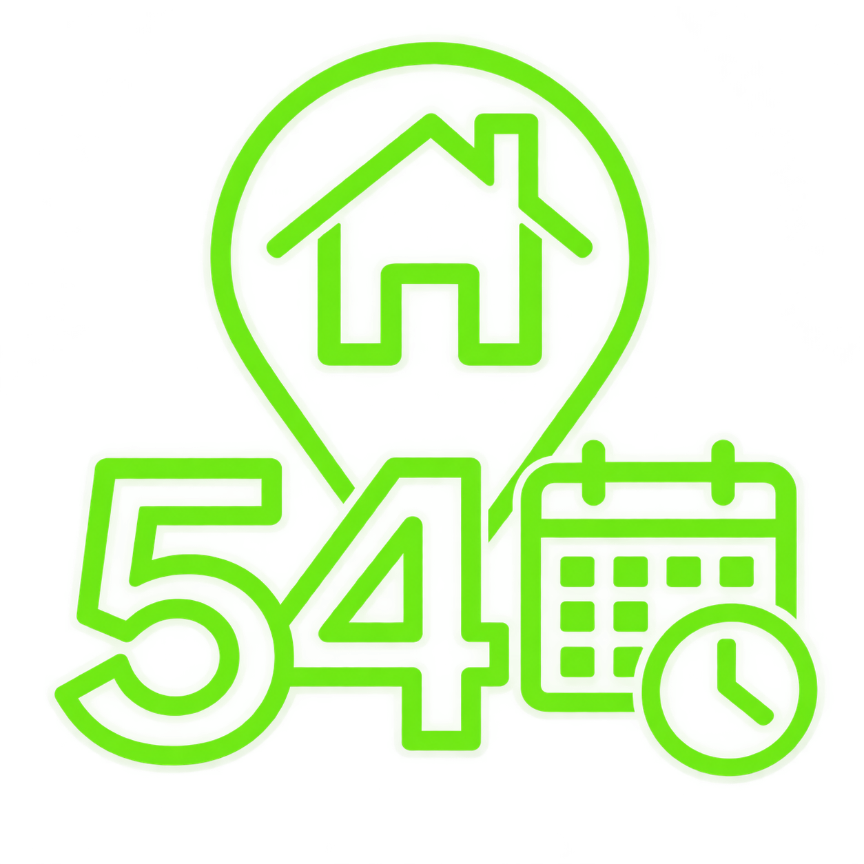 Green outline of a house, large “53,” and a small calendar with a clock icon.