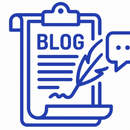 Blue blog clipboard icon with a speech bubble and quill pen