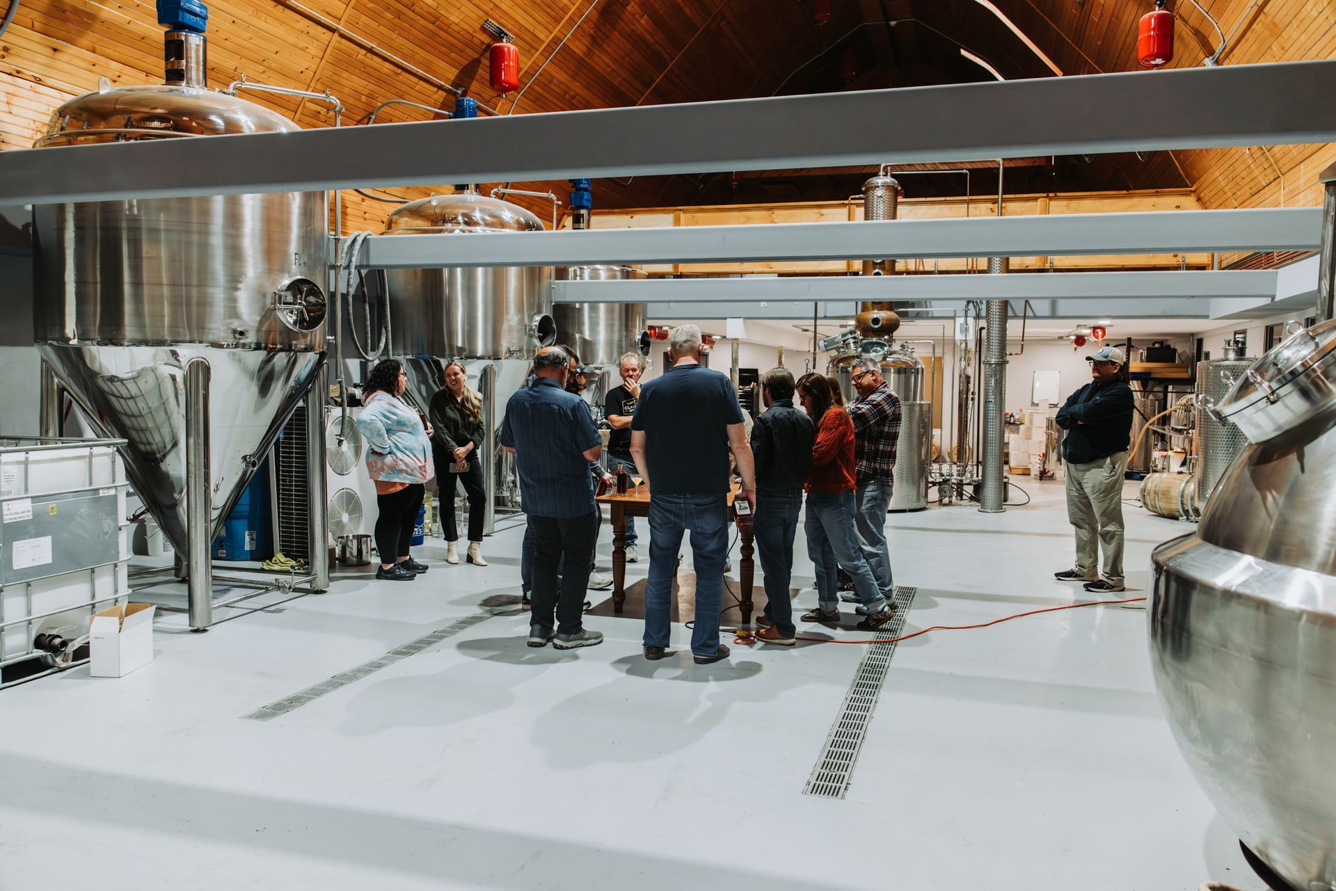 Group of people in a brewery, observing equipment. Shiny tanks and a light-colored floor.