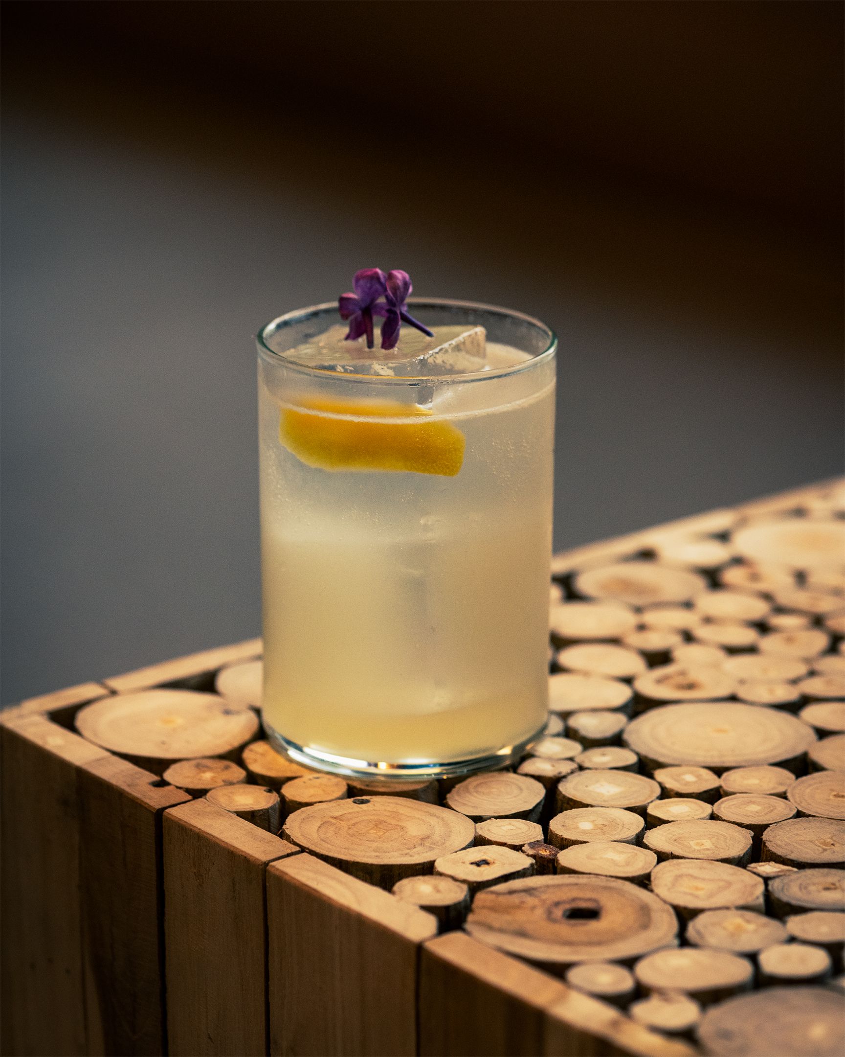 Cocktail in a glass, with ice and lemon garnish, on a wooden table decorated with cut wooden rounds.