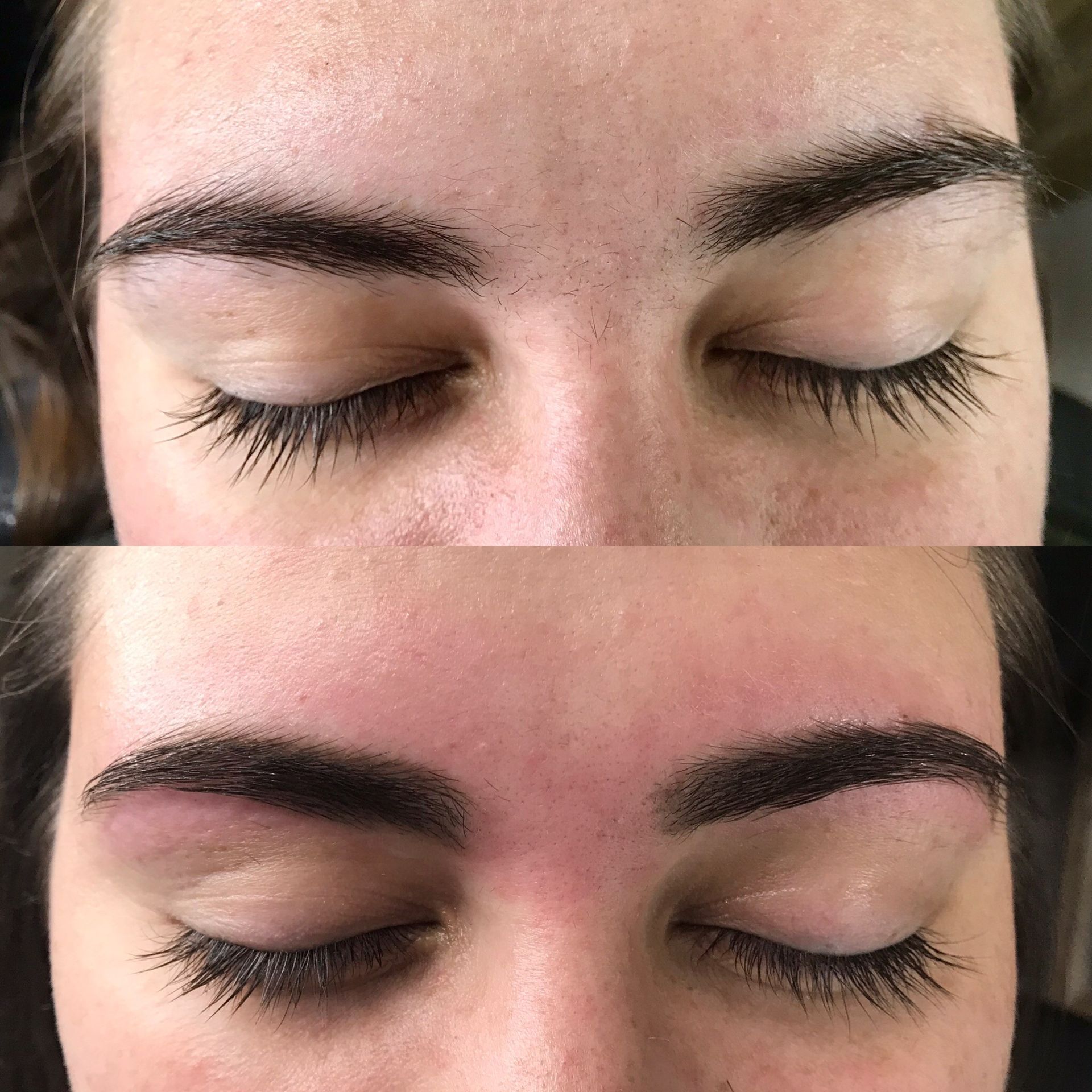 A before and after picture of an eyebrow threading service. The picture at the top is the before picture, and the picture at the bottom is the after picture.