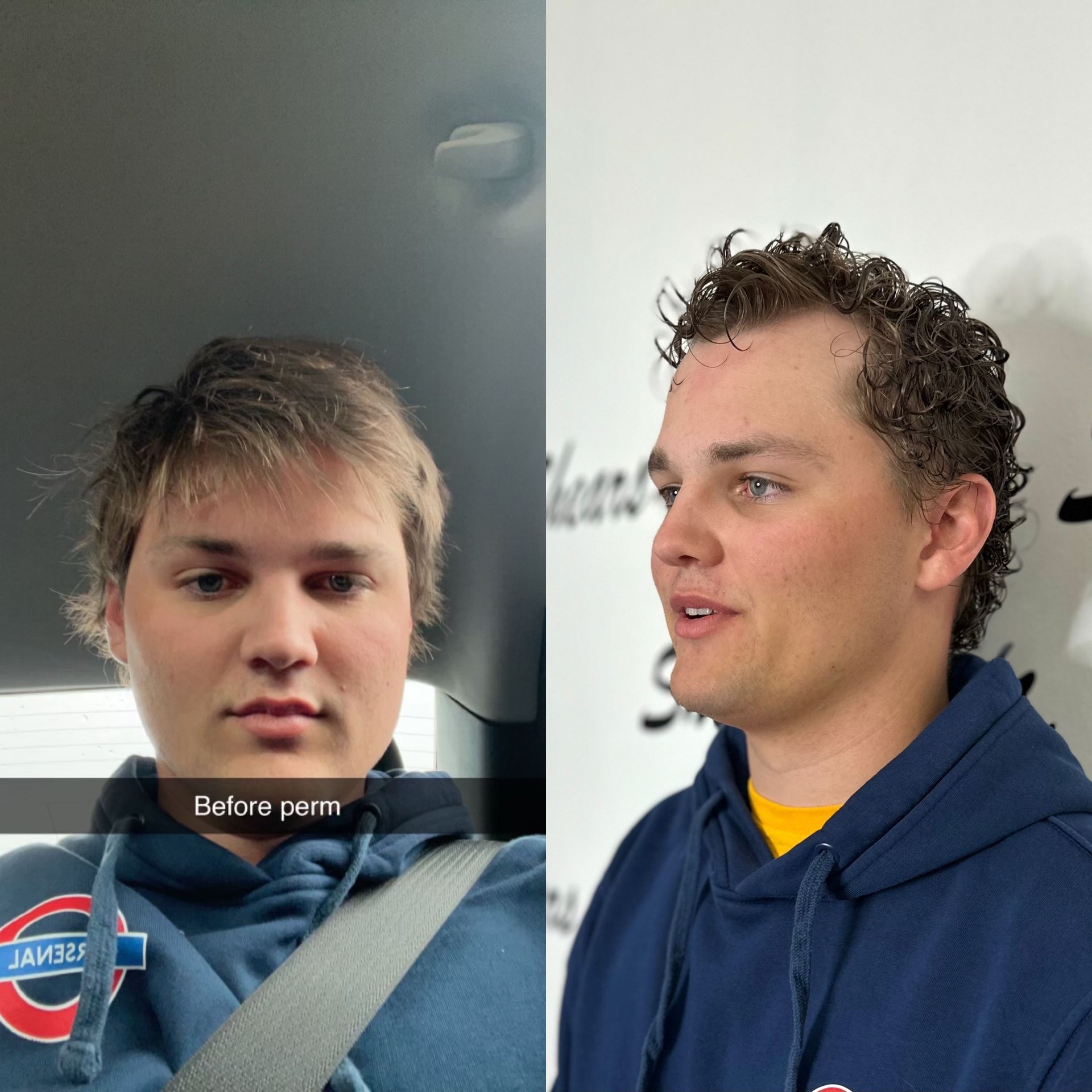 Before and after picture of a perm done on a young man. Picture on the left is the before picture with fine, straight hair. Picture on the  right is with curly hair.