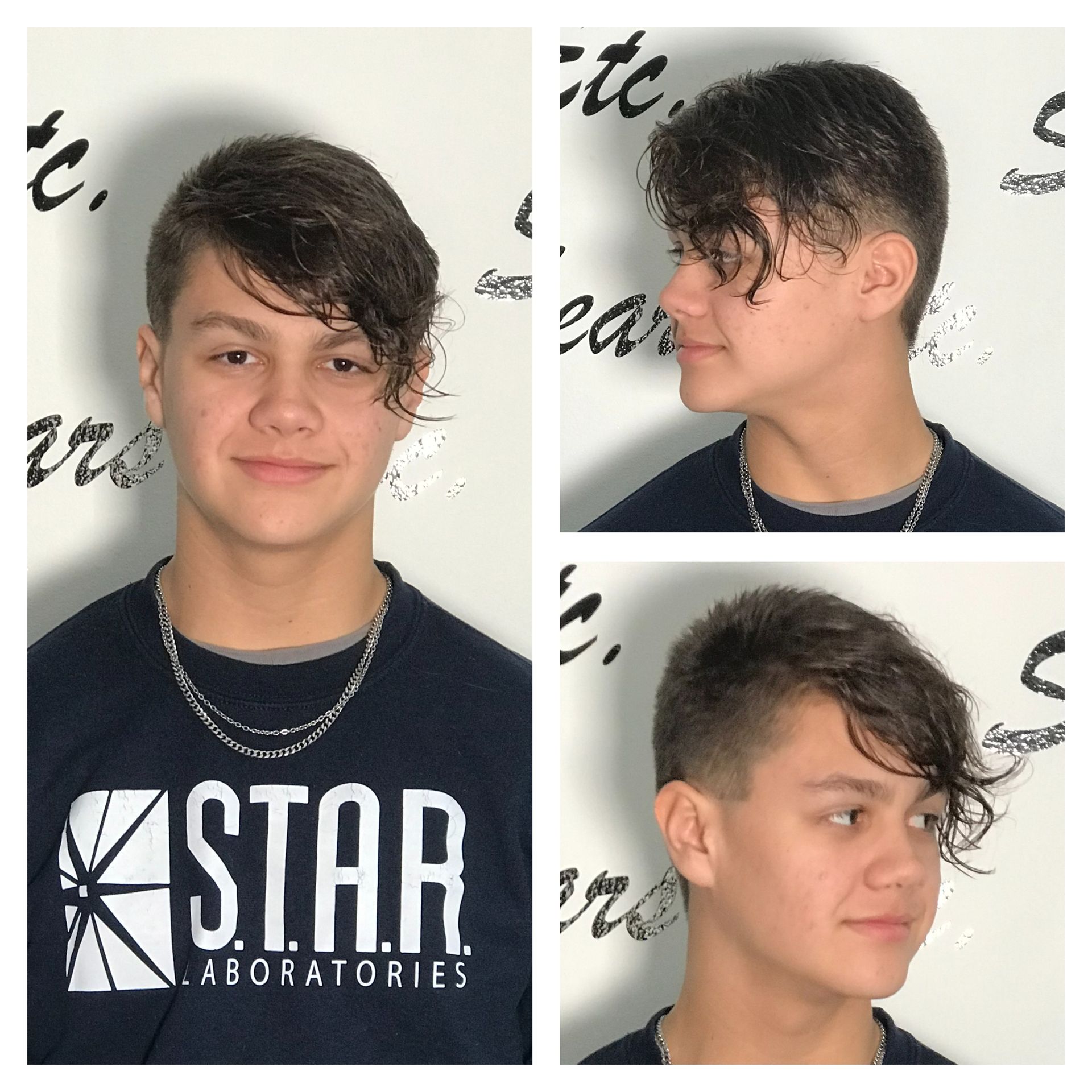 Three pictures of a young man's haircut. the picture on the left is a front picture with long, wavy  side bangs ending on his cheekbones. Both right picture are profile pictures showing the sides that were cut short. 