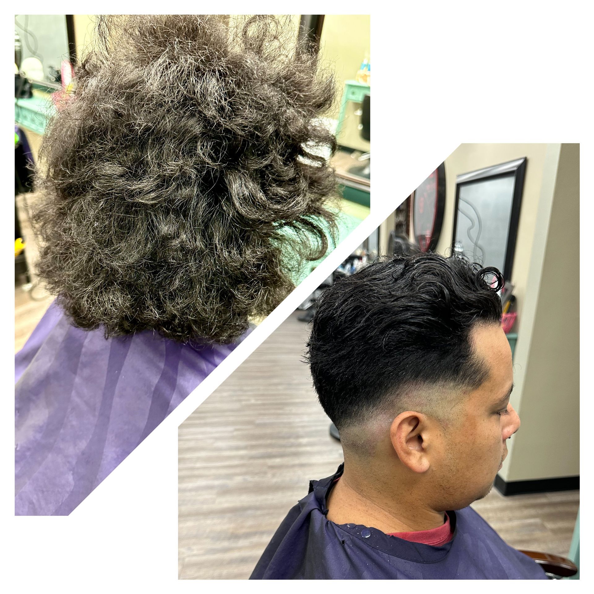 A before and after picture of a haircut where the pictures are split diagonally. The top left shows the before picture with shoulder length, unruly, curly hair with a high body, and the bottom right is the after picture that shows the profile, a high fade, and hair cut down to 1/4 of the original length and slicked back. 