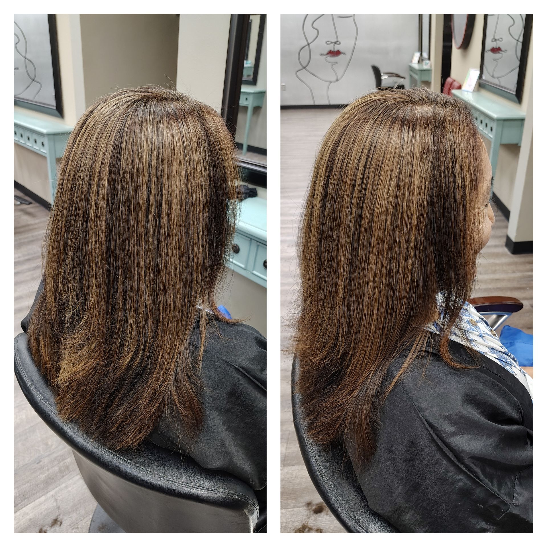 The After picture of a color correction. Originally black box dyed hair, but now has medium golden brown highlights.  No before picture was taken.