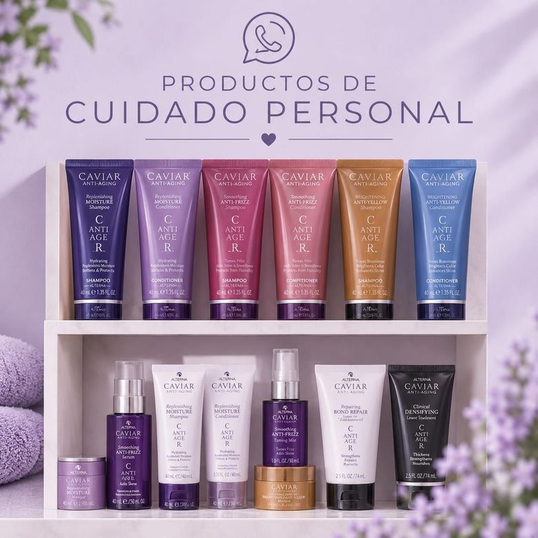 Varios productos de cuidado personal en tubos y frascos morados, rosas, dorados y azules sobre estantes blancos.