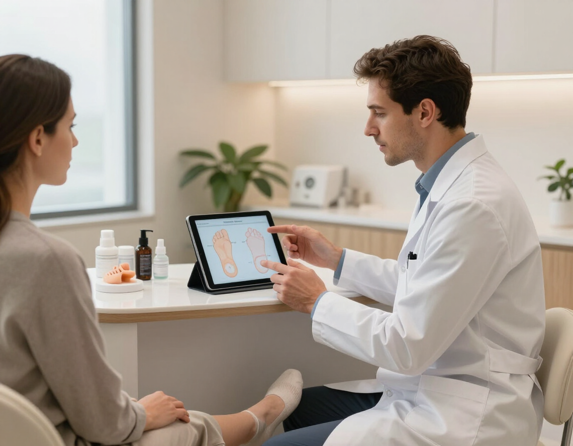 Un médico le muestra una tableta a un paciente sentado en una consulta luminosa