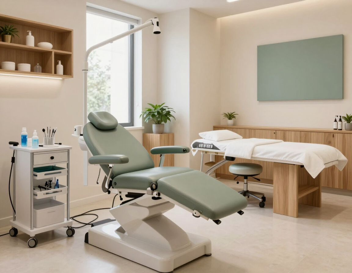 Sala de tratamiento médico moderna con sillón de exploración, mesa y carrito con ruedas para equipos médicos