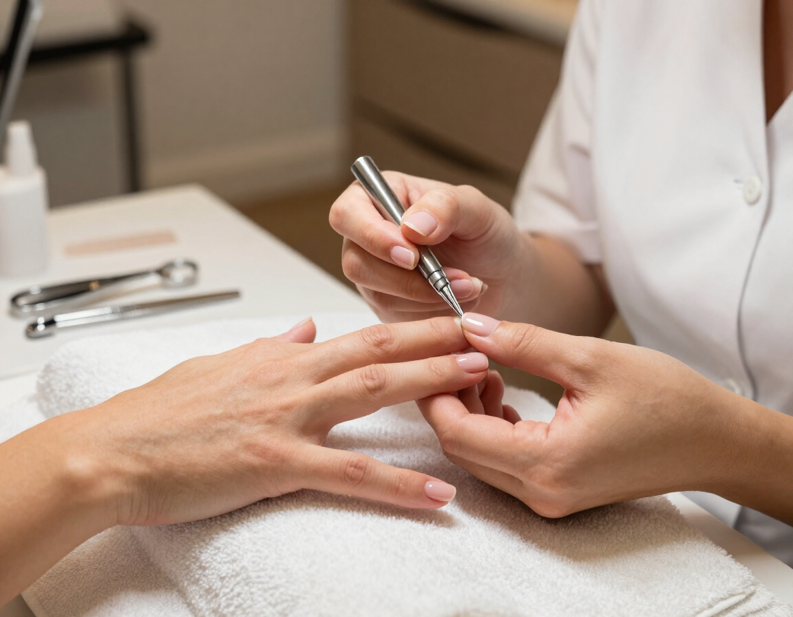 Manicurista pintando las uñas en una mesa de salón