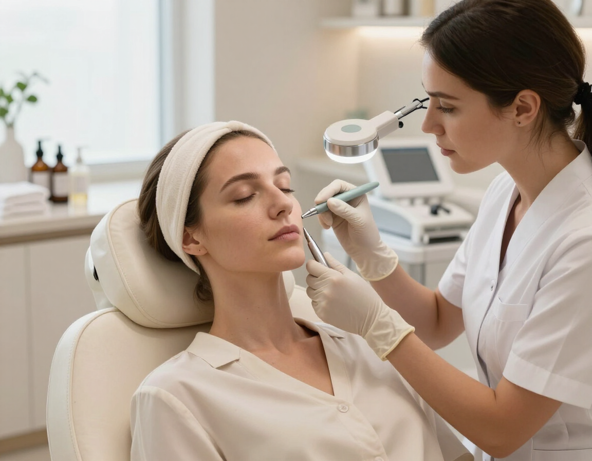 Cosmetóloga usando un dispositivo facial con un cliente recostado en una sala de tratamientos de spa