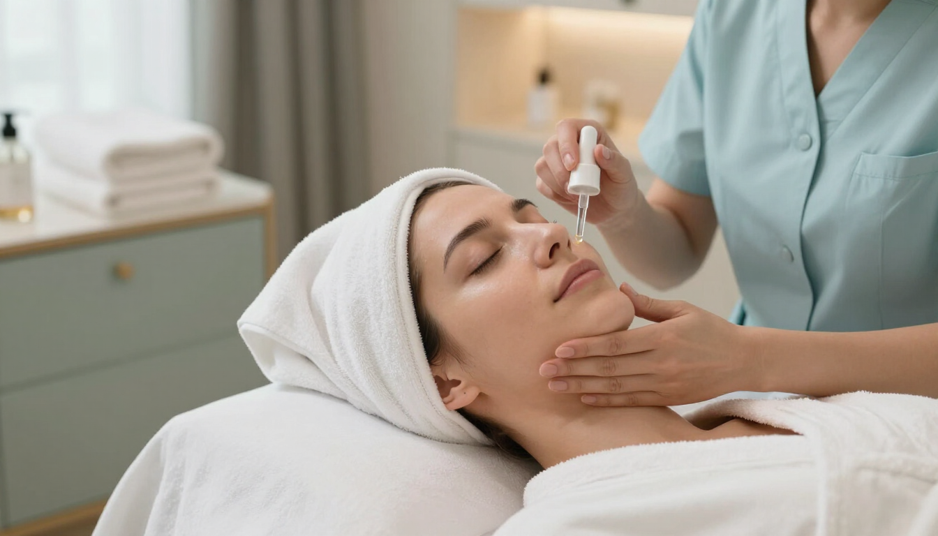 Esteticista aplicando sérum facial a una clienta recostada en una sala de tratamientos de spa